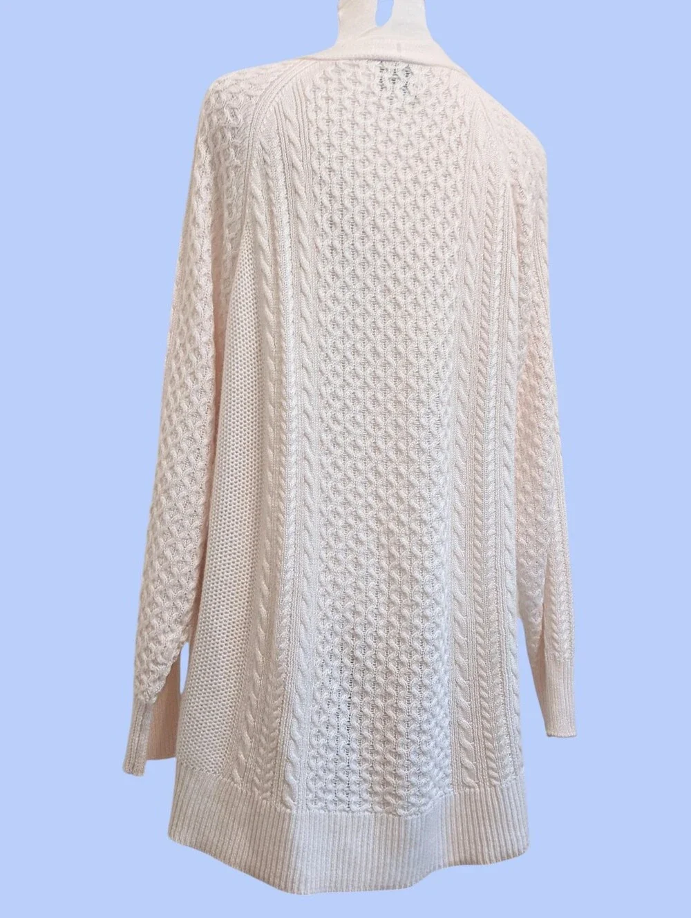 Grandma Cable Cardigan Sweater Long Off White Cream Roomy Pockets XL